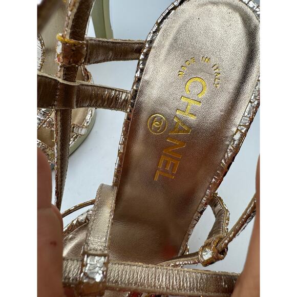 CHANEL Rose Gold Metallic T-Strap Platform Sandals Size 38.5 - Picture 4 of 10